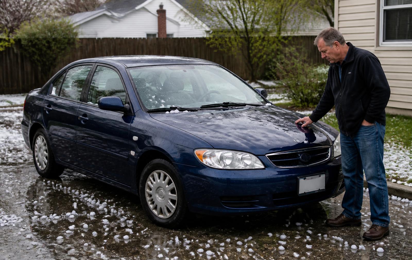 Auto senza telo con ammaccature visibili dopo una grandinata