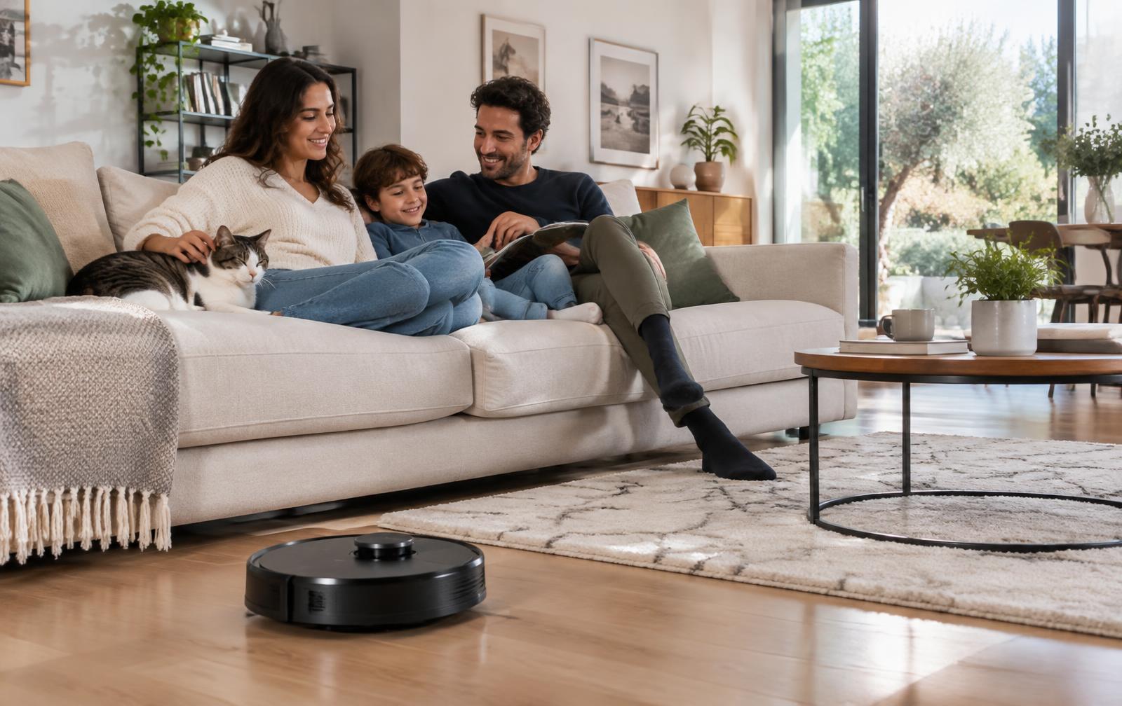 Famiglia sul divano mentre il Mini X-SweepUP pulisce il pavimento