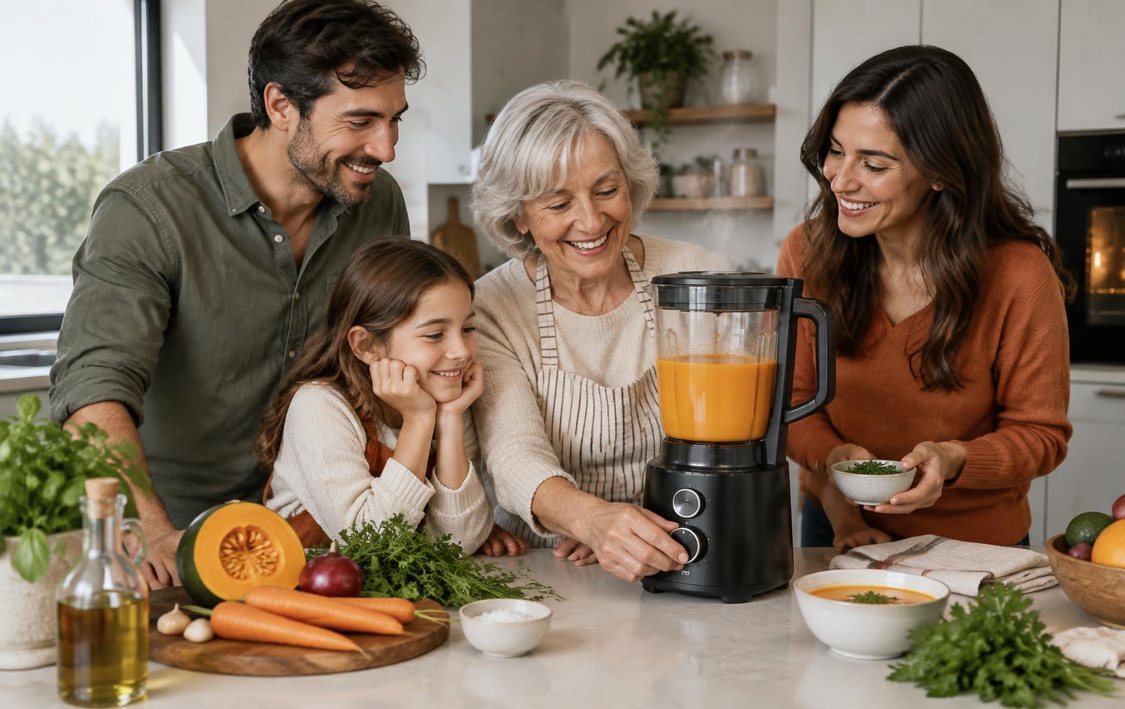 Famiglia riunita in cucina mentre prepara una vellutata con SmartBlender